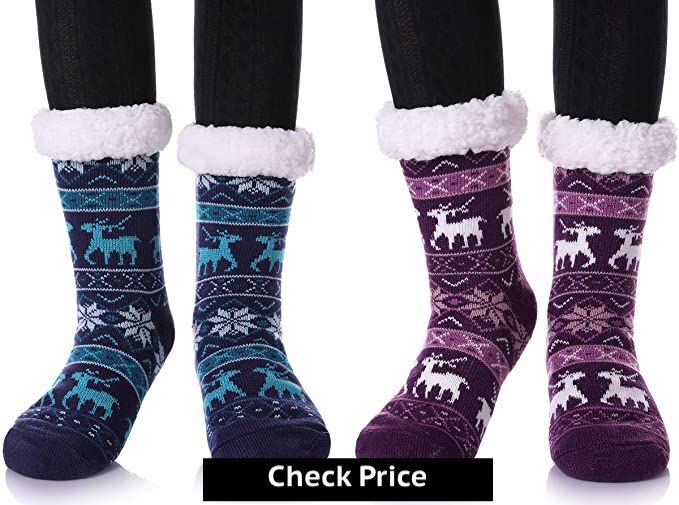 Women's Winter Super Soft Warm Cozy Fuzzy Snowflake Deer Fleece-lined Christmas Gift With Grippers Slipper Socks